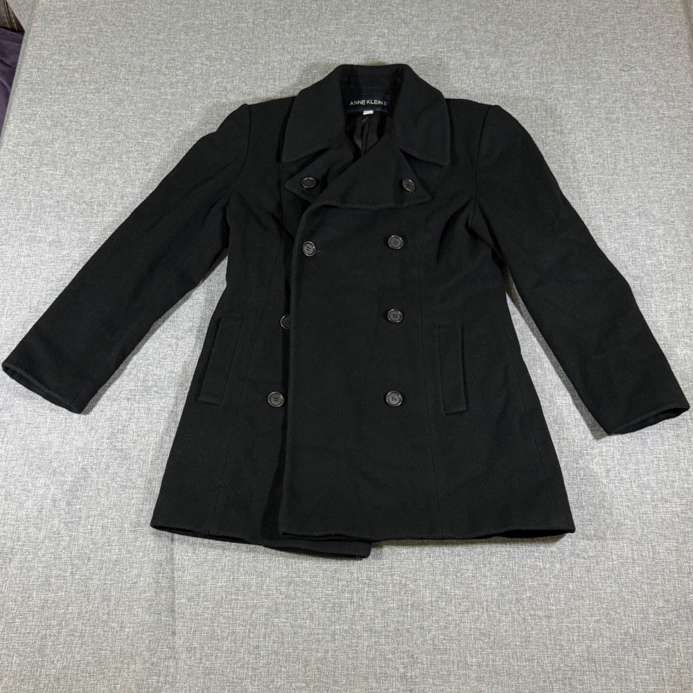 VTG Anne Klein II Pea Coat Womens 4 Black Wool Alpaca Double Breasted PeaCoat